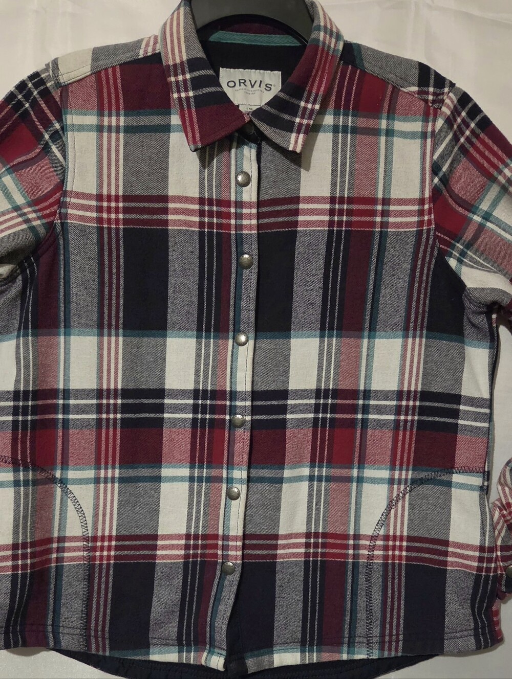 Orvis Men's Red, Navy & Teal Plaid Snap-Front Shirt LG